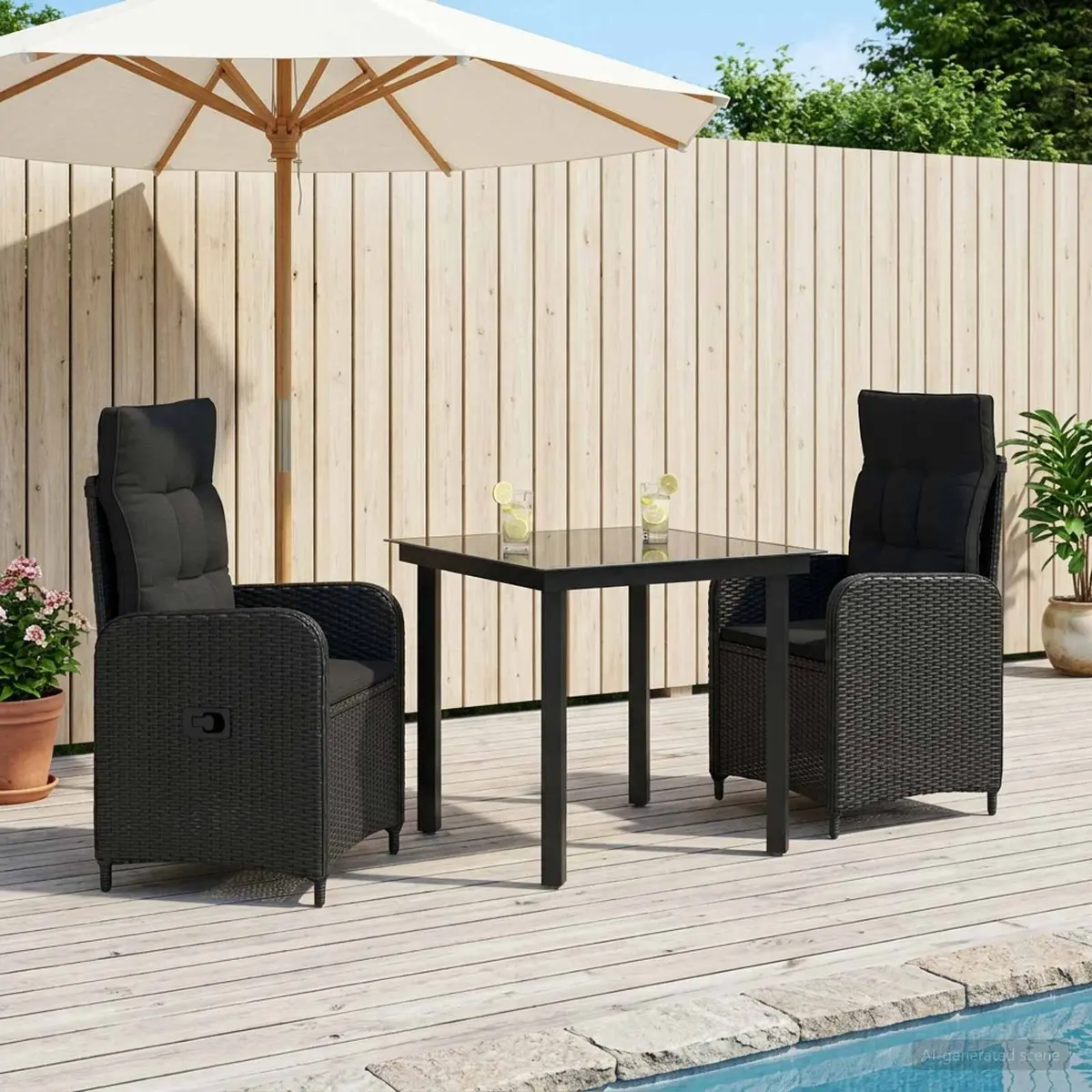 Garden Dining Set Adjustable Chairs 3 Piece Black PE Rattan Outdoor Table Patio Furniture