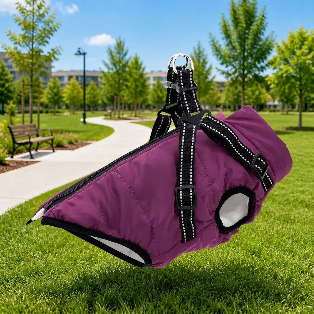 Dog Coat Adjustable L32 Purple Windproof Water-Resistant Fleece Polyester