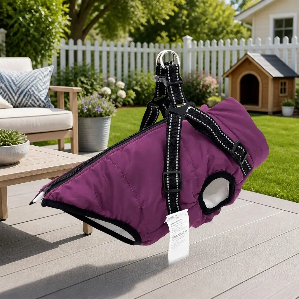 Dog Coat Water-Resistant Windproof Adjustable Size L40 Purple Fleece Polyester
