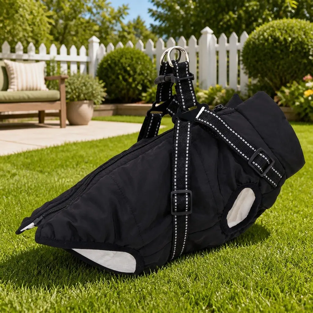 Dog Coat Waterproof Windproof Adjustable Reflective Polyester Fleece Size L24 Black