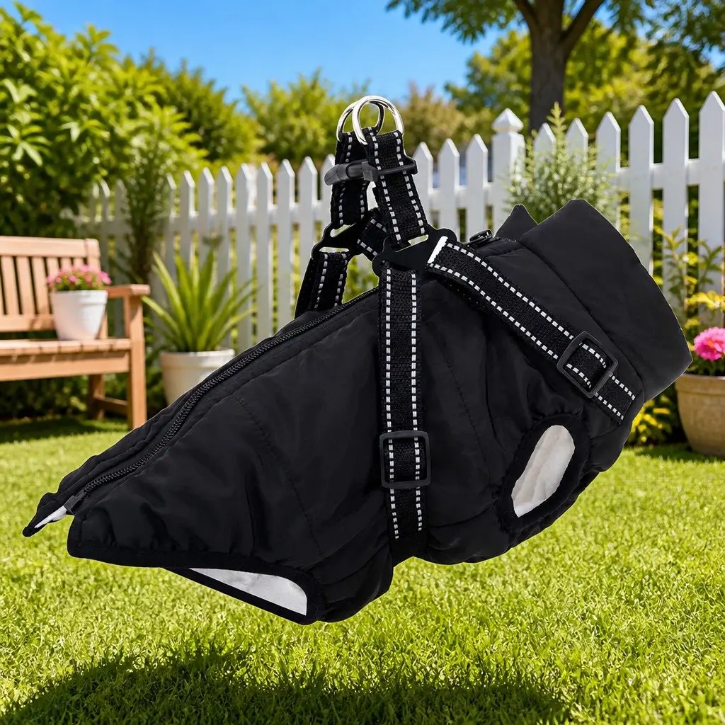 Dog Coat Water-Resistant Windproof Black L40 Fleece Polyester