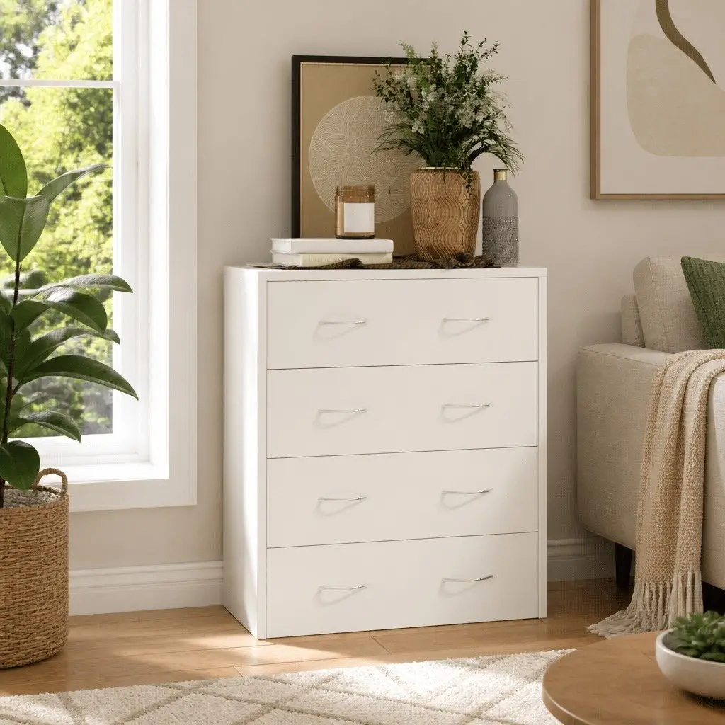 Sideboard Cabinet High Gloss White 60x30.5x71cm 4 Drawers Storage Furniture
