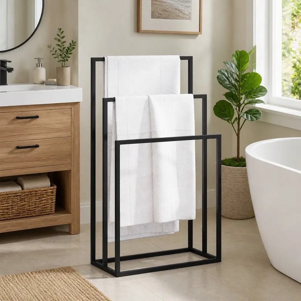 Freestanding Towel Rack 3 Tier Black Iron Bathroom Storage Holder Organiser