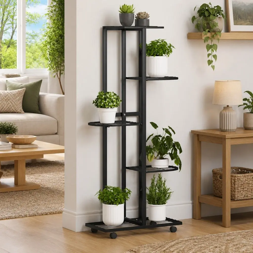 5-Tier Flower Stand Iron Plant Rack Corner Shelf Display Stand with Wheels