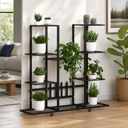 Plant Stand with Wheels Black Iron Flower Display Shelf Gardening Storage Rack
