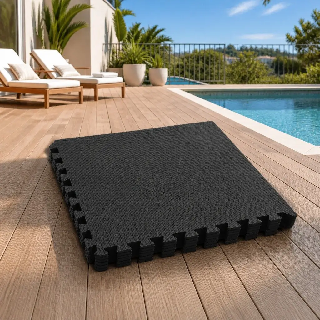 Pool Ground Mat Modular Interlocking Tiles Black EVA Foam 6 Piece