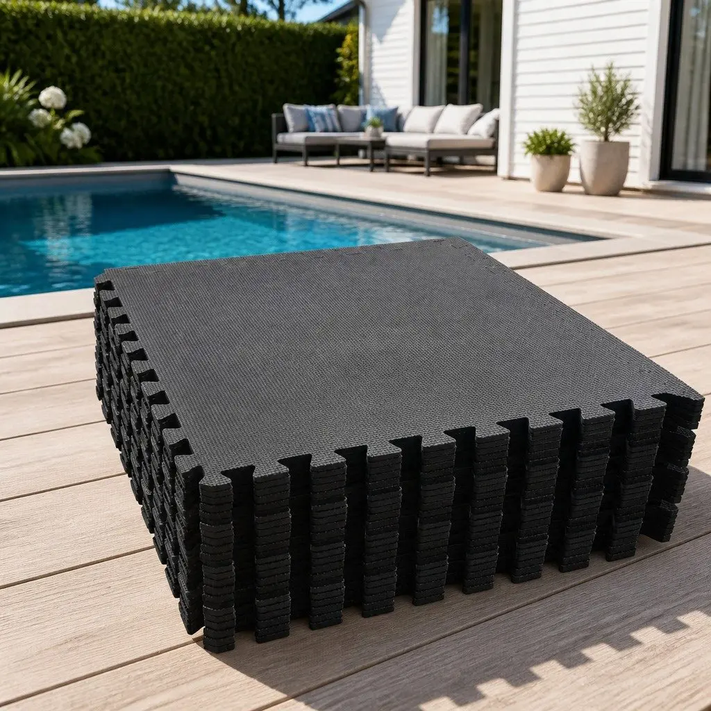 Pool Ground Mat Modular Tiles Black EVA Foam Interlocking 24 Piece