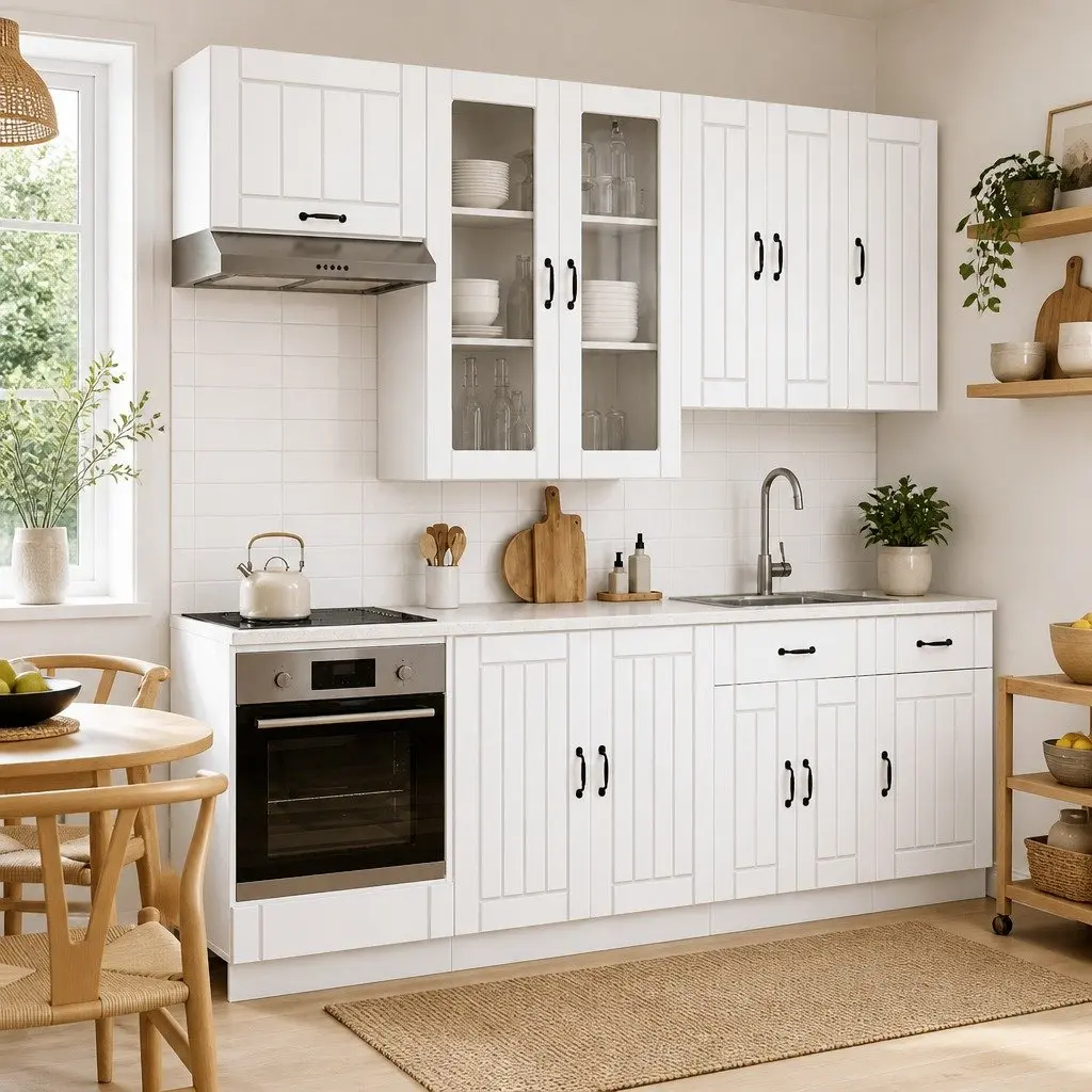Kitchen Unit 8 Piece White Engineered Wood Storage Cabinet Set with Adjustable