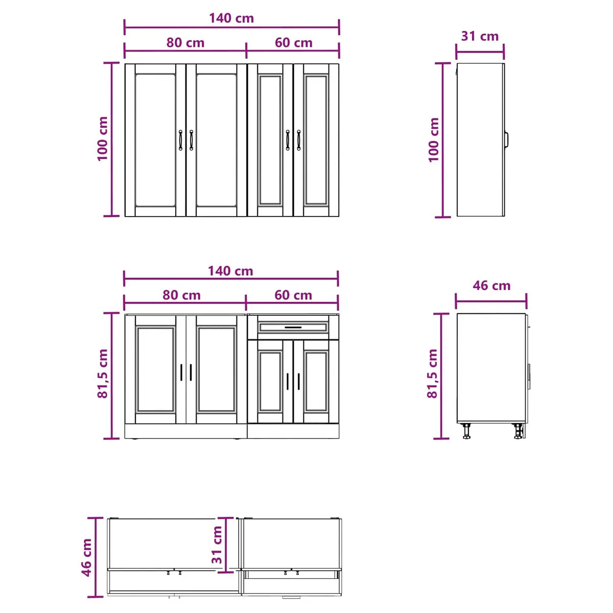Kitchen Cabinet Unit 4 Piece White Storage Furniture Adjustable Feet Indoor