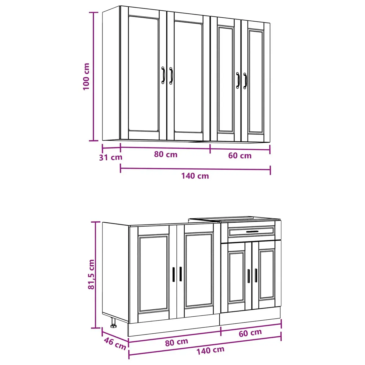 Kitchen Cabinet Unit 4 Piece White Storage Furniture Adjustable Feet Indoor