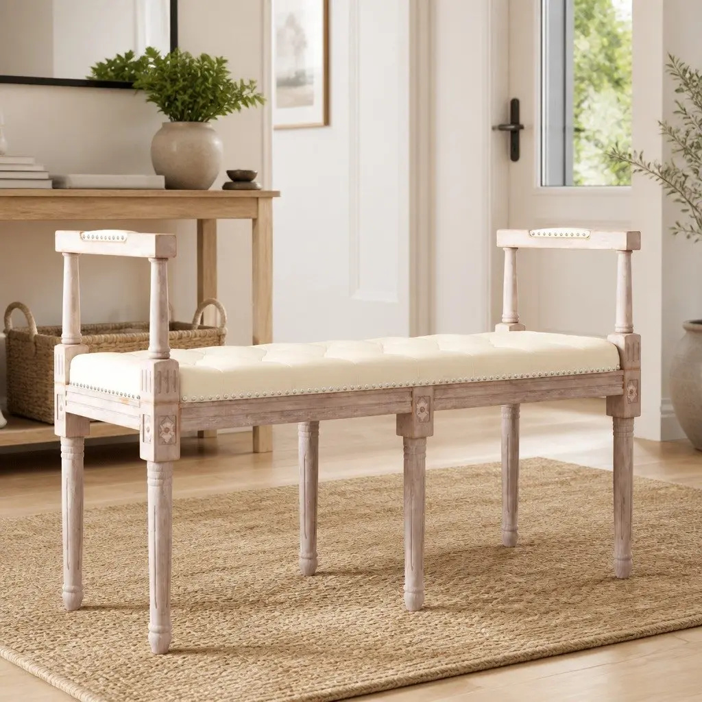 Linen Bench 110x40x70 cm Foyer Entryway Seating Wood Legs Upholstered Tufted