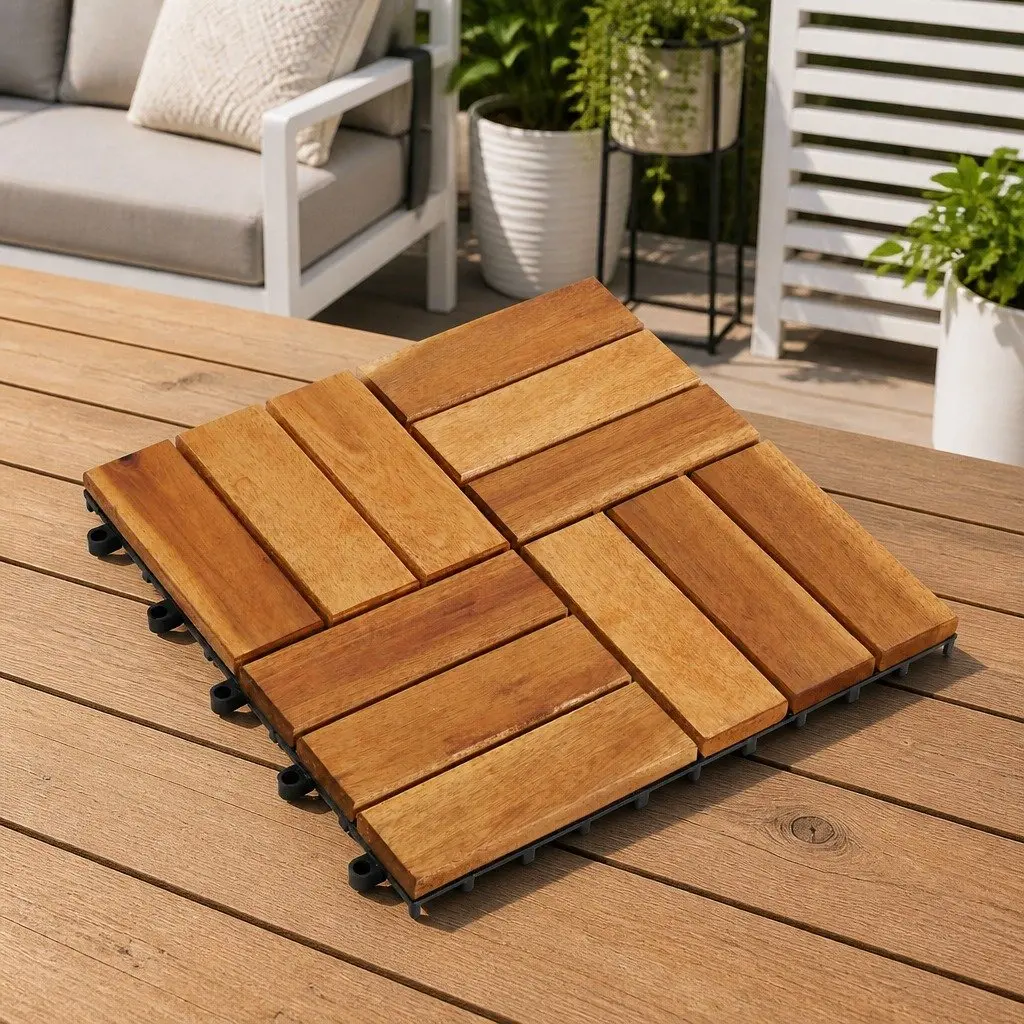 Acacia Hardwood Decking Tiles Interlocking Brown 30x30cm Outdoor Patio