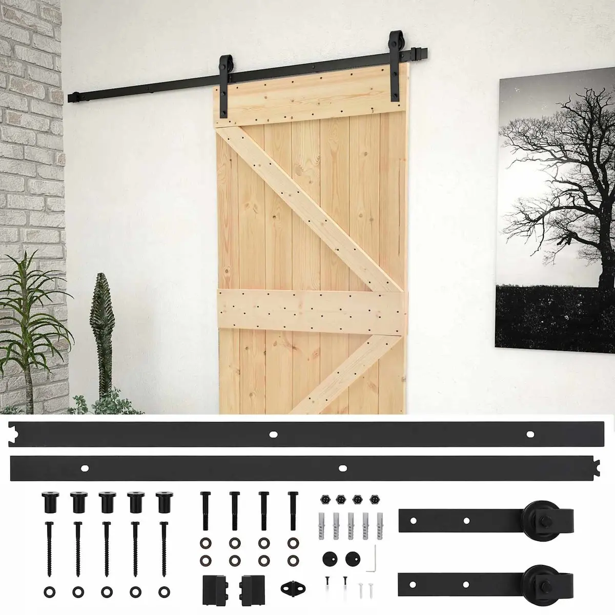 Solid Pine Wood Sliding Door Natural Black 80 x 210 cm Compact Modern Room Divider