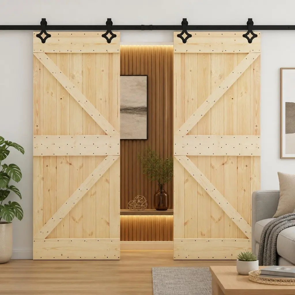 Sliding Door 2 pcs Solid Pine Wood Modern Room Divider Space-Saving Interior