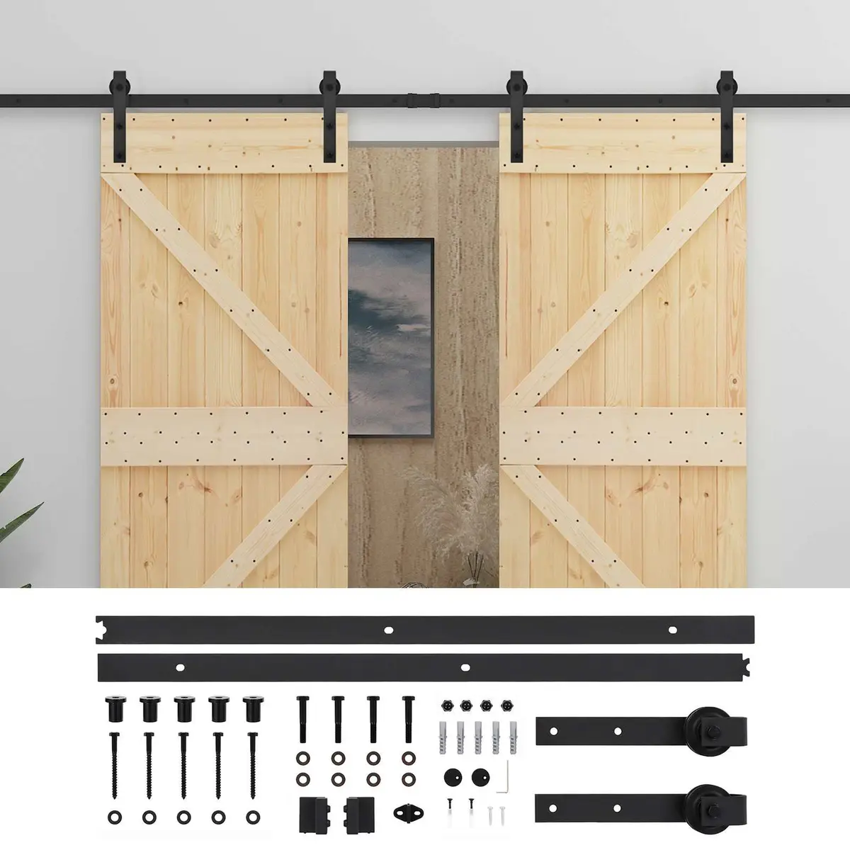 Sliding Door Modern Solid Pine Wood Natural Black 2 Pieces