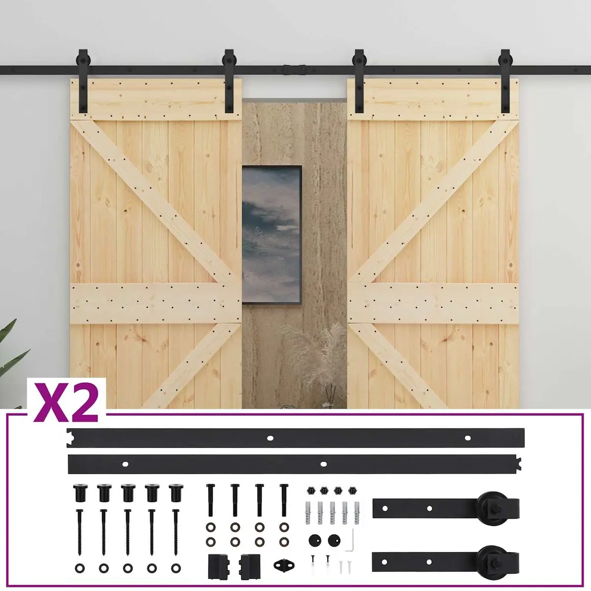 Sliding Door Modern Solid Pine Wood Natural Black 2 Pieces