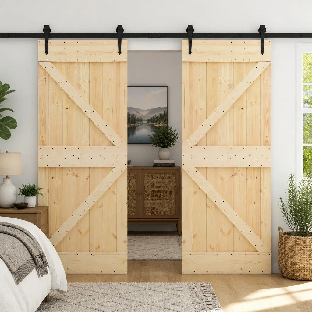 Sliding Door 2 Piece Modern Room Divider Natural Black Solid Pine Wood
