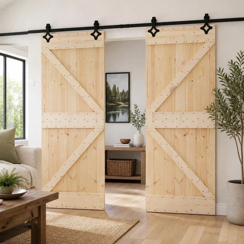 Sliding Door Solid Pine Wood Natural Modern 2 pcs