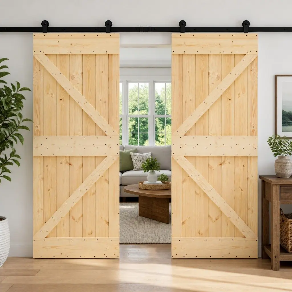 Sliding Door Solid Pine Wood Modern Space-Saving 2 Pcs Room Divider Track System