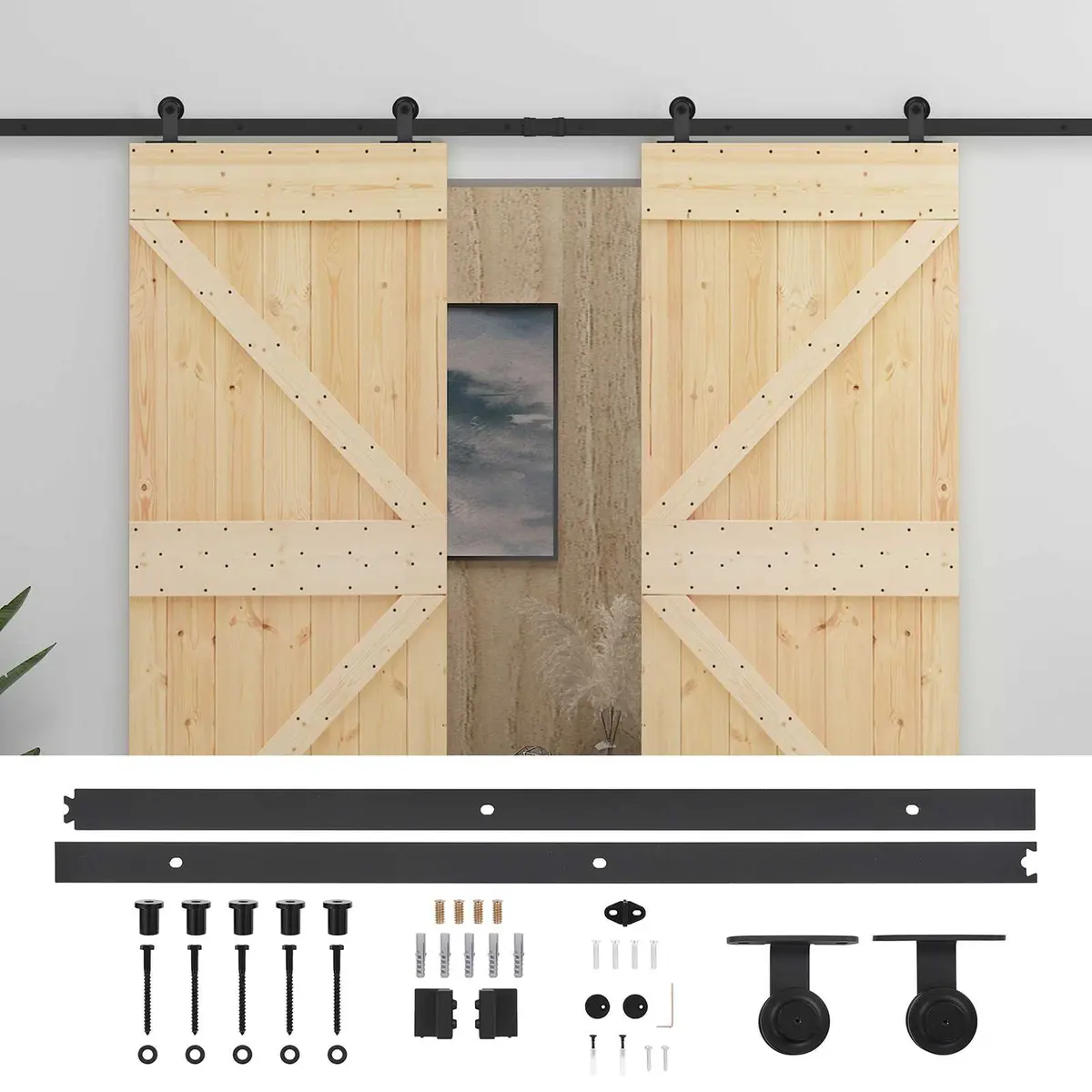 Sliding Door Solid Pine Wood Modern Space-Saving 2 Pcs Room Divider Track System