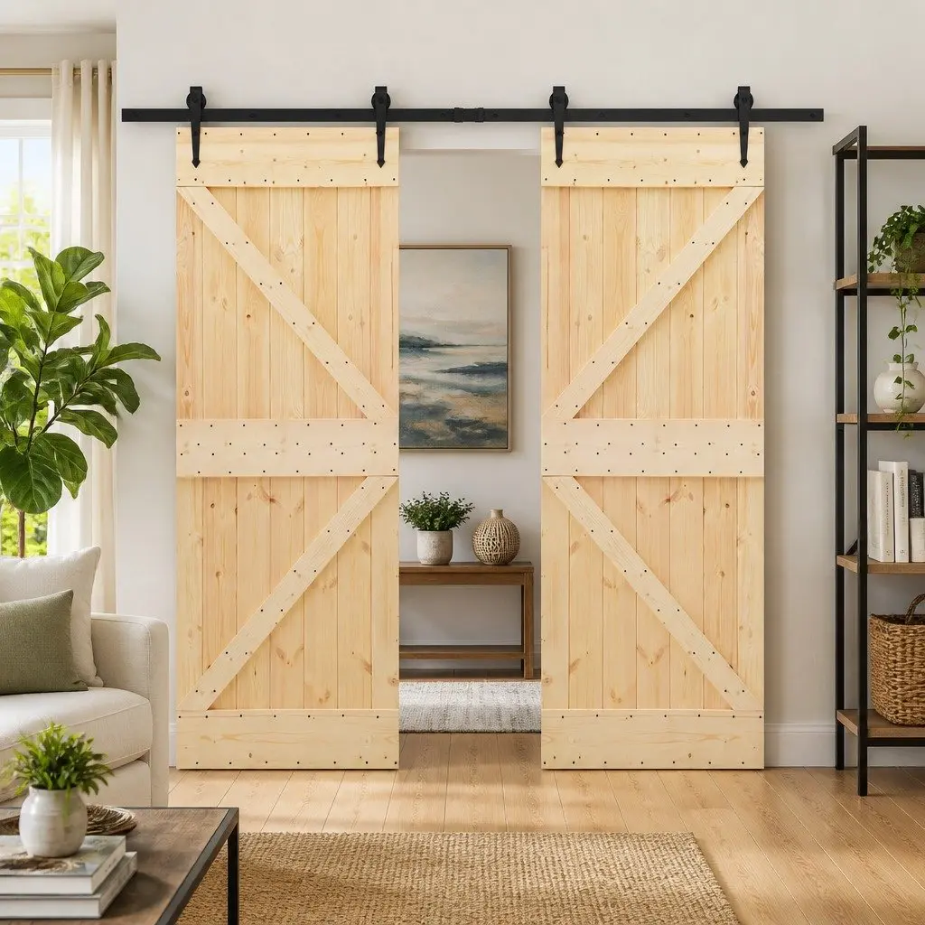 Sliding Door Solid Pine Wood Modern Space-Saving 2pcs