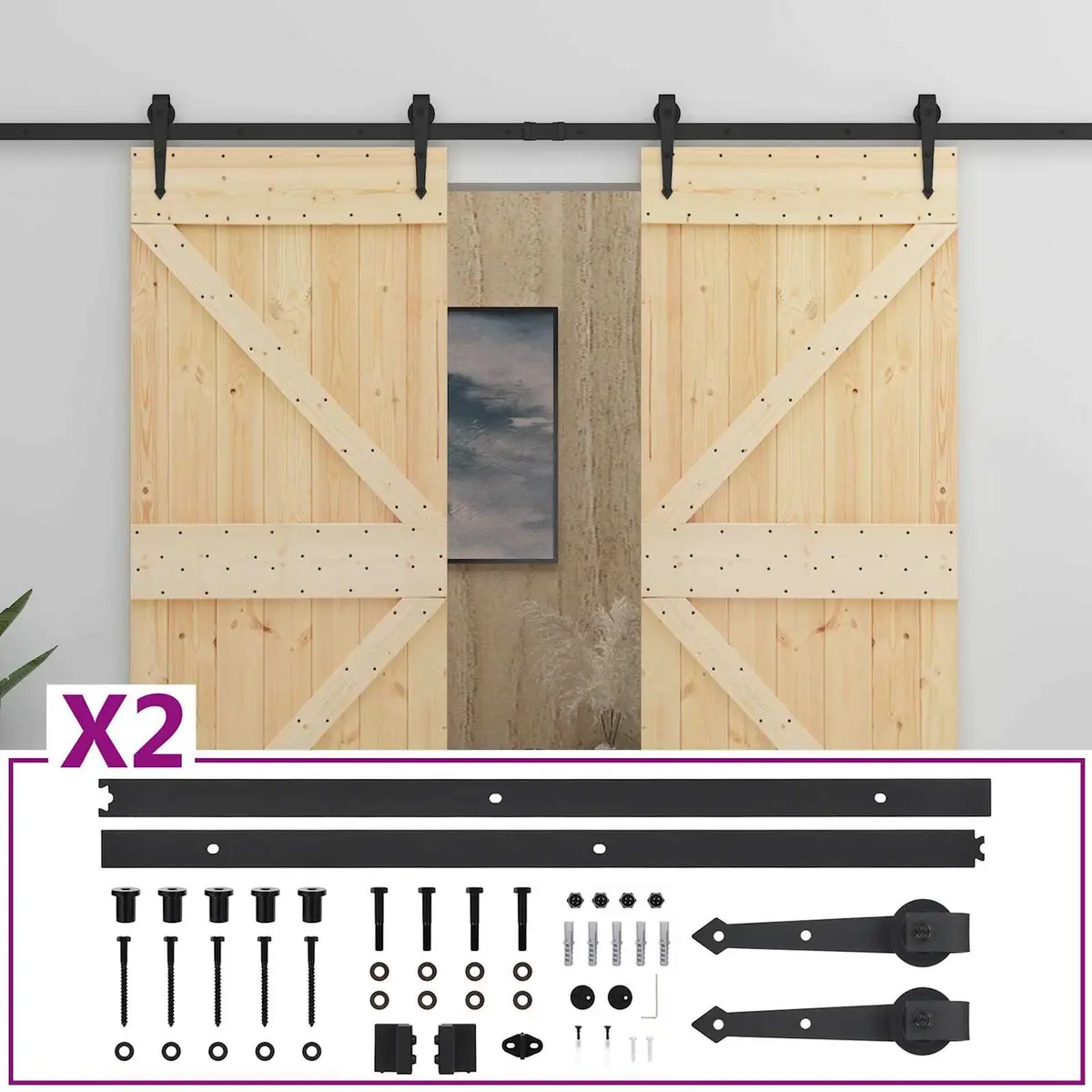 Sliding Door Solid Pine Wood Modern Space-Saving 2pcs