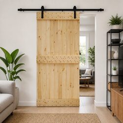 Sliding Door Solid Pine Wood Natural Black 95 x 210 cm Modern Interior Space
