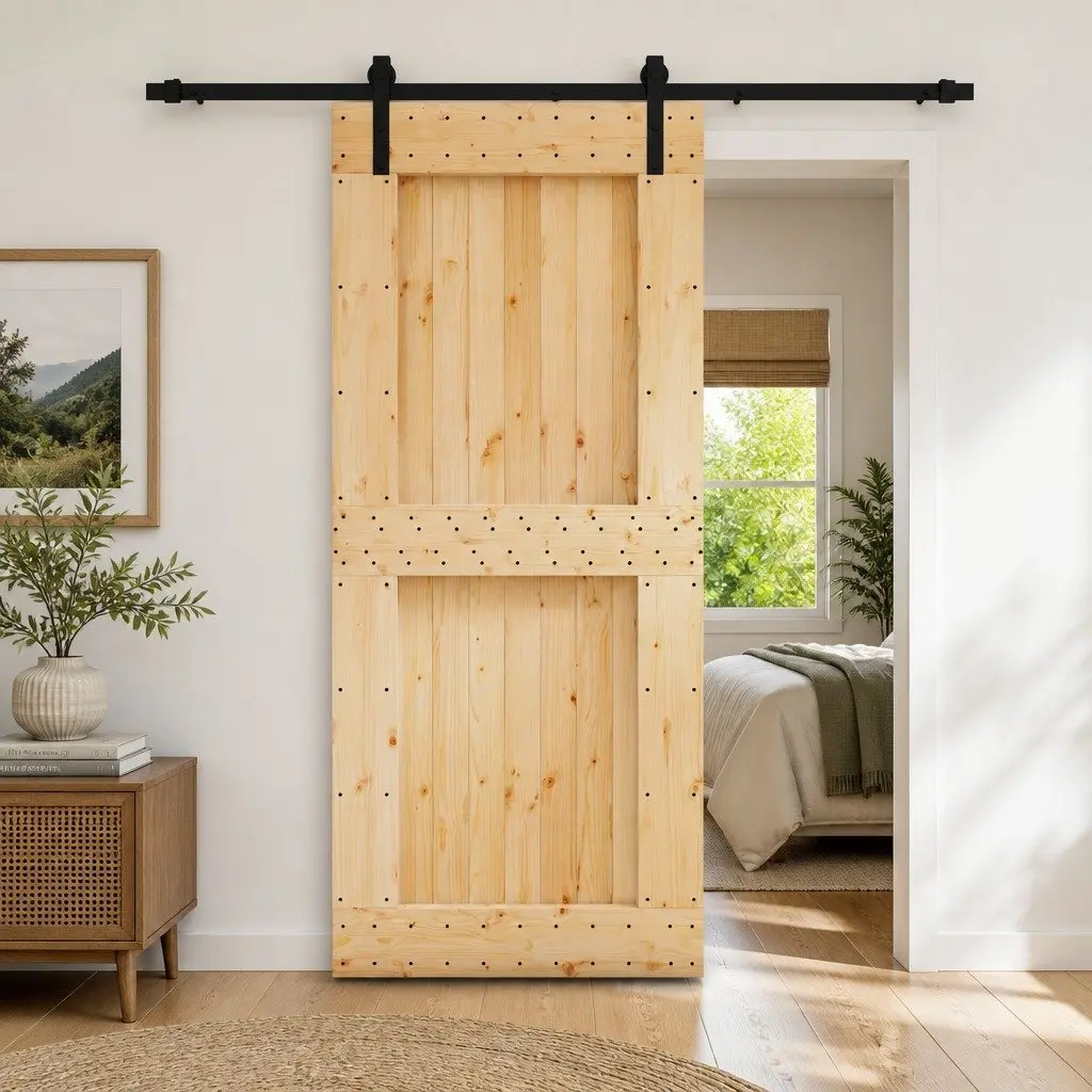 Sliding Door Natural Brown Solid Pine Wood 90 cm x 210 cm Contemporary Space Saving Room Divider
