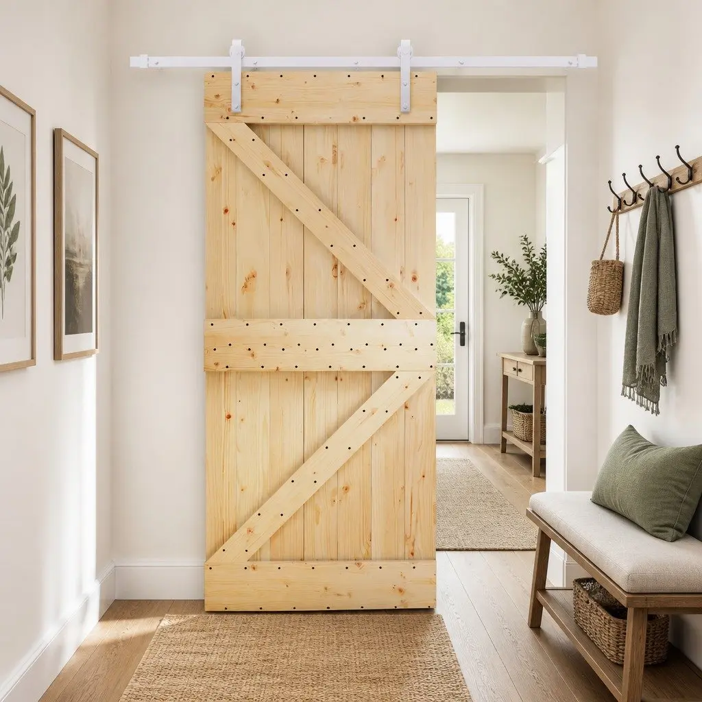 Sliding Door Solid Pine Wood Frame Natural Finish 100 x 210 cm