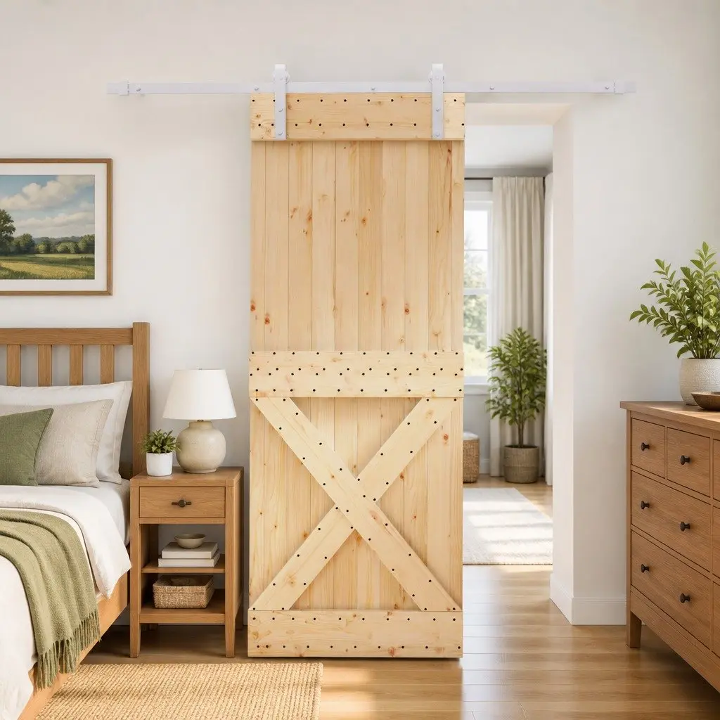 Sliding Door Solid Pine Wood Natural White Space-Saving 80x210cm