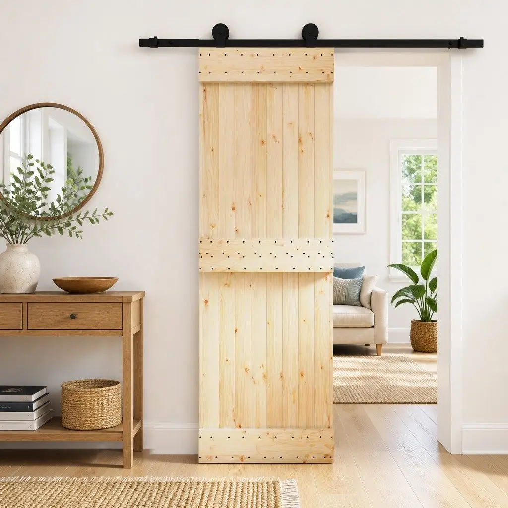 Sliding Door Natural Brown Solid Pine Wood 70 x 210 cm Modern Interior Room
