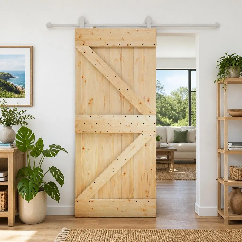 Pine Wood Sliding Door Natural White Modern Room Divider Space Saving 90x210cm