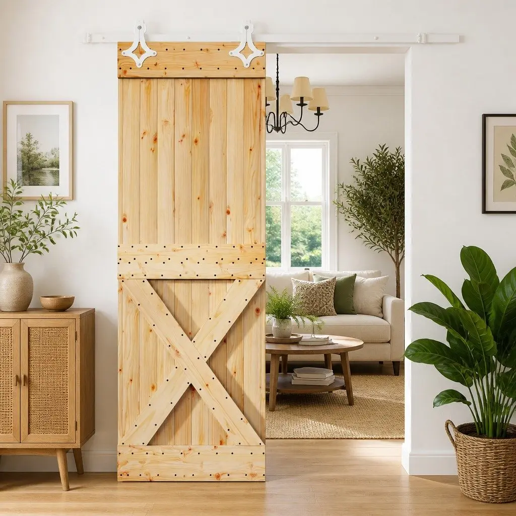 Pine Wood Sliding Door Natural White 70x210cm Modern Room Divider Space Saving