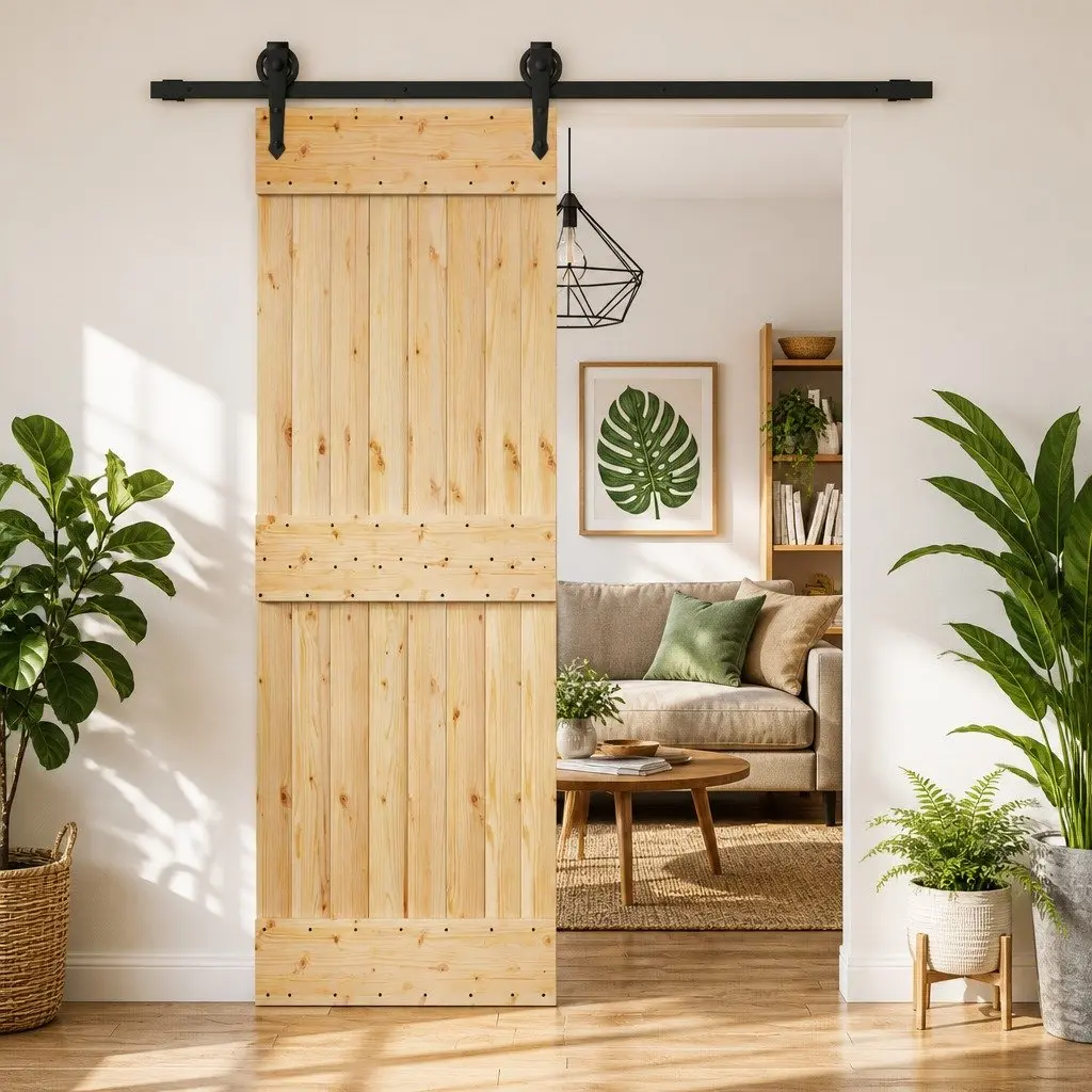 Sliding Door Natural Brown Solid Pine Wood Top Track 70 x 210 cm Space Saving