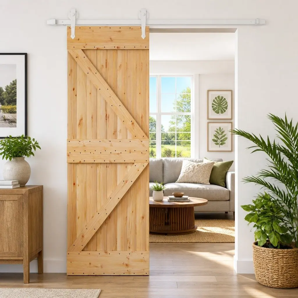 Natural Brown Sliding Door 70x210cm Solid Pine Wood Space-Saving Room Divider