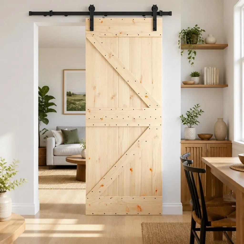 Sliding Door Natural Pine Wood Black Steel Track Space Saving 85 cm x 210 cm