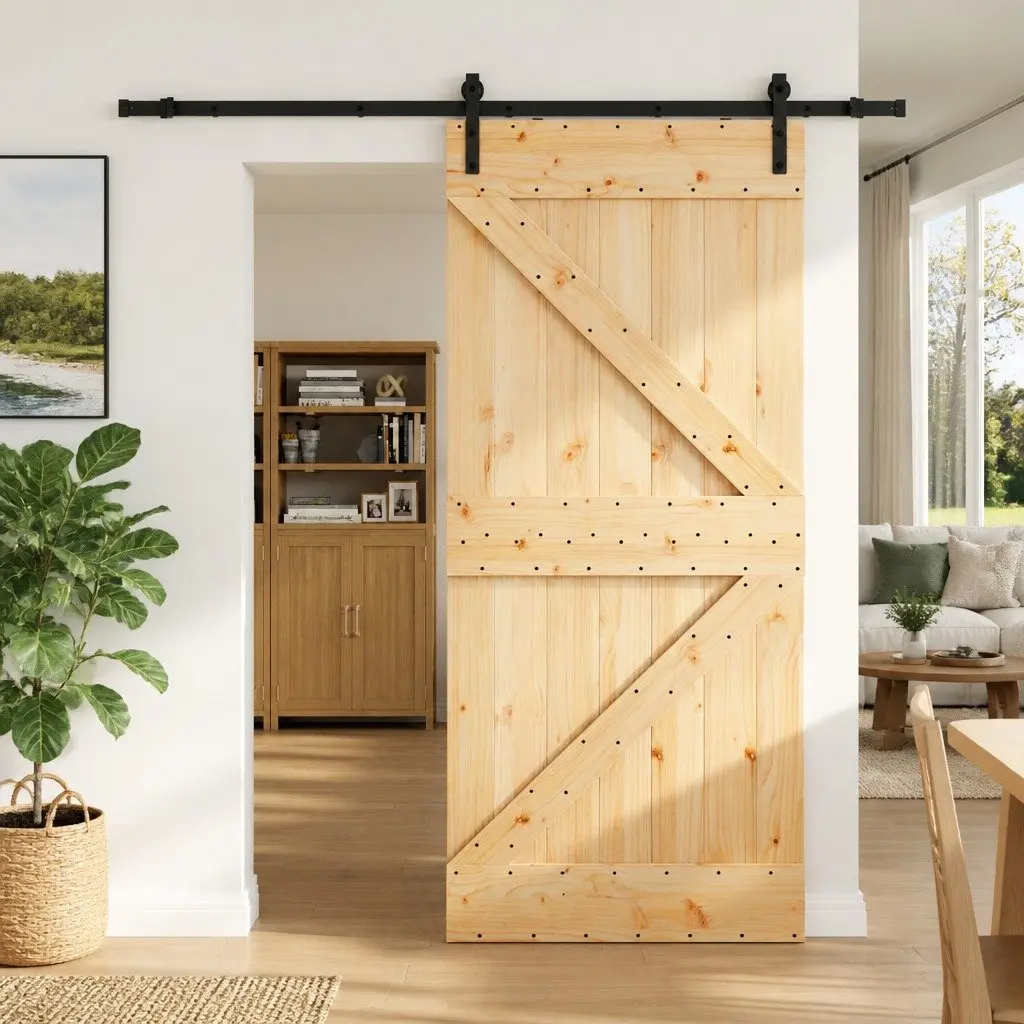 Sliding Door Modern Room Divider 80 x 210 cm Pine Wood Black Track Space-Saving