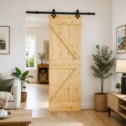 Sliding Door Natural Pine Wood Black Steel Track 70x210cm Modern Room Divider