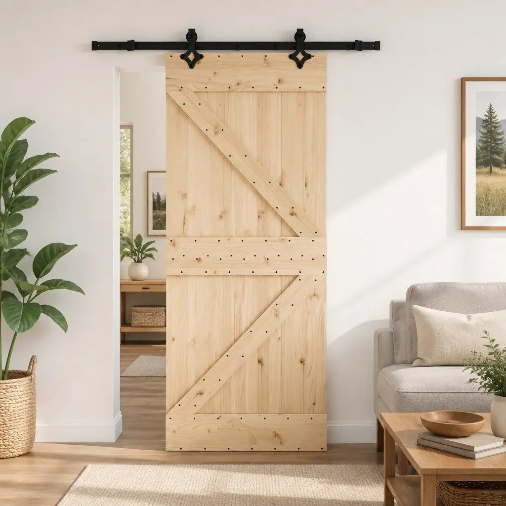 Sliding Door Pine Wood Frame Steel Track Modern Room Divider 210cm x 85cm