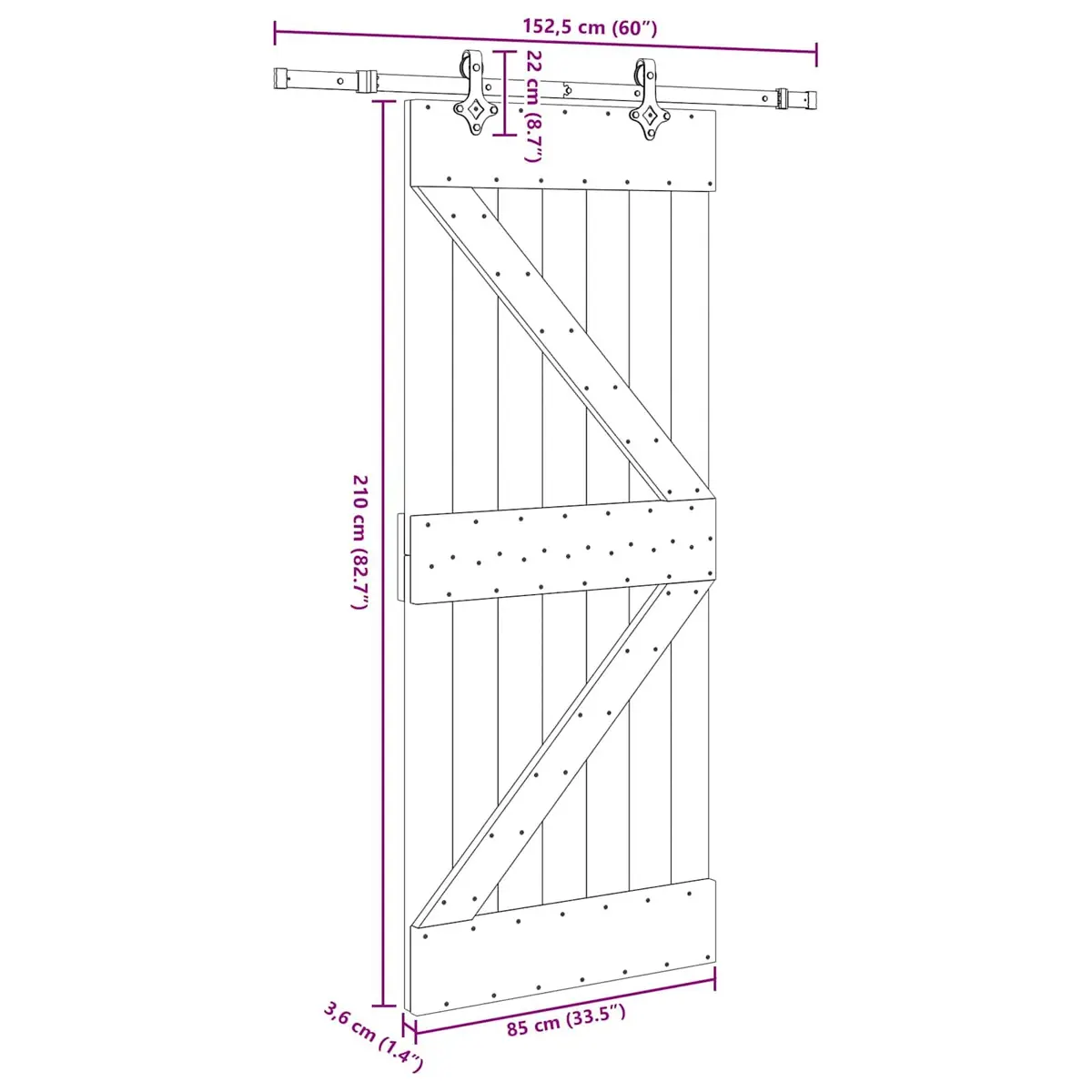 Sliding Door Pine Wood Frame Steel Track Modern Room Divider 210cm x 85cm