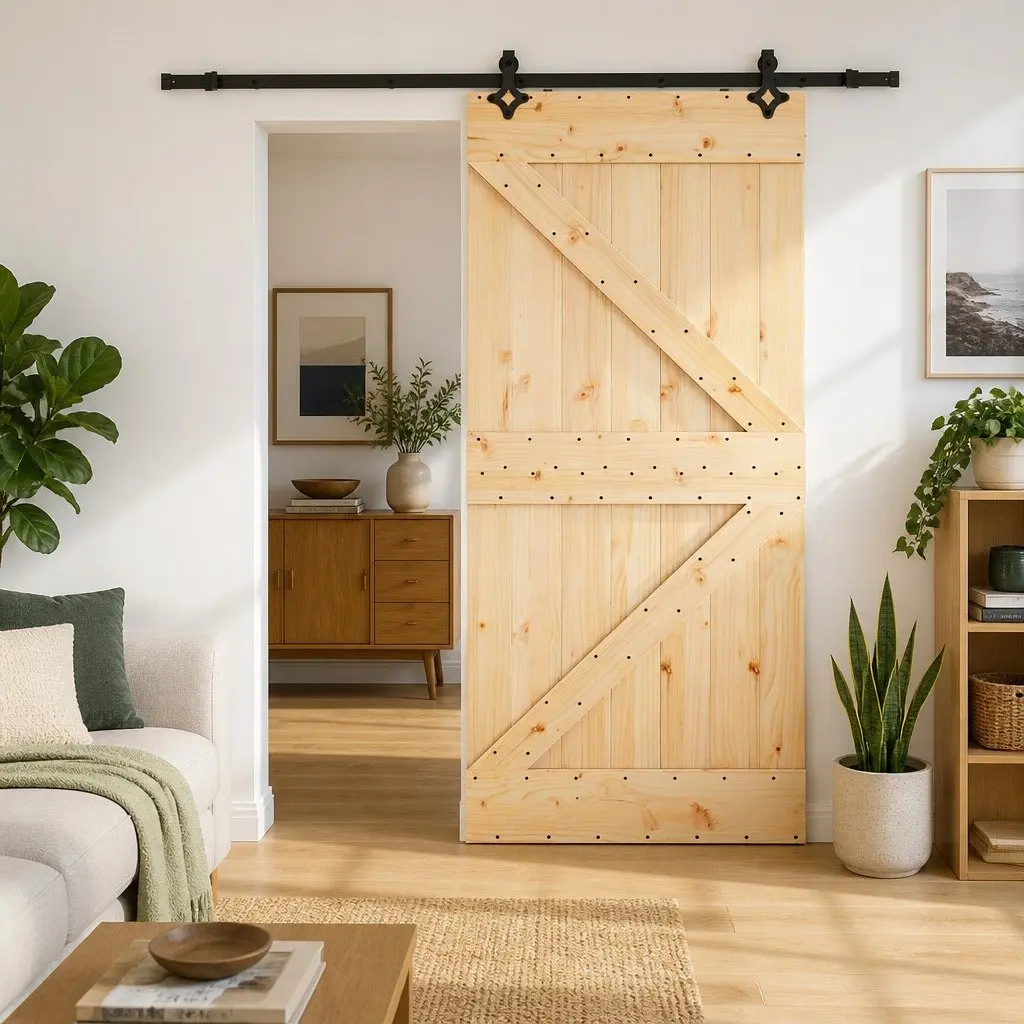Sliding Door 80x210cm Natural Pine Wood Black Steel Track Modern Room Divider