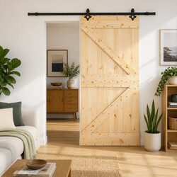 Sliding Door 80x210cm Natural Pine Wood Black Steel Track Modern Room Divider