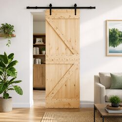 Sliding Door Natural Pine Wood Black Track 70x210cm Modern Room Divider Space