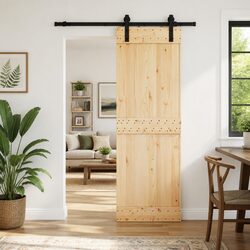 Sliding Door Natural Pine Wood Black Steel Track Modern Space-Saving 70x210cm