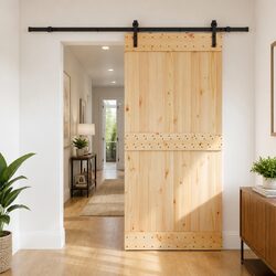 Sliding Door Pine Wood Natural Black Frame Modern Space-Saving Room Divider