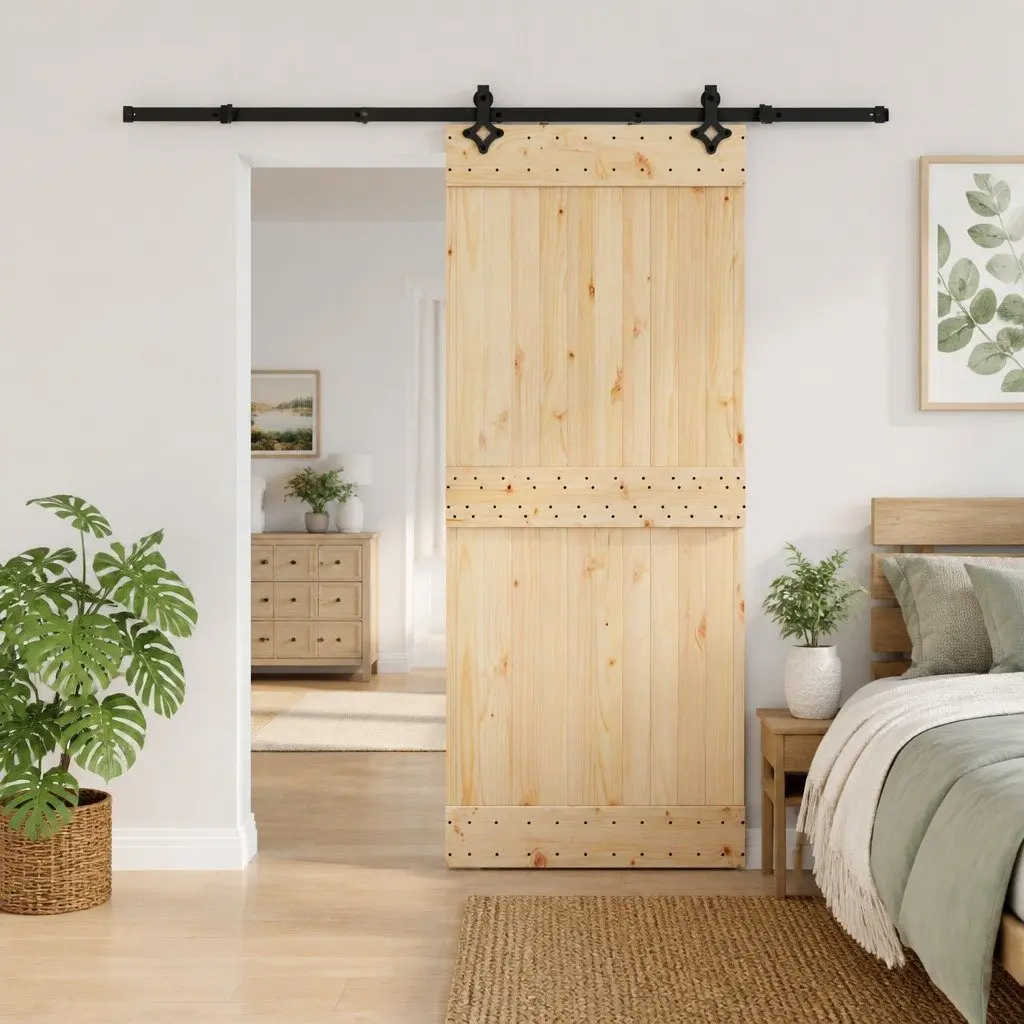 Sliding Door Modern Room Divider Natural Pine Wood 85x210cm Black Track