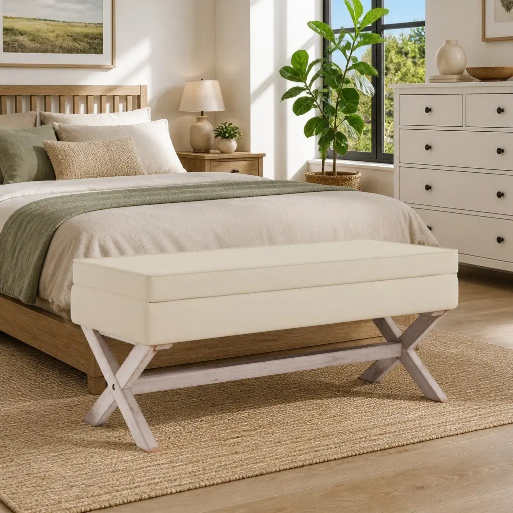 Storage Stool Bench 110x45x49cm Linen Seat Entryway Footrest Storage Box Beige