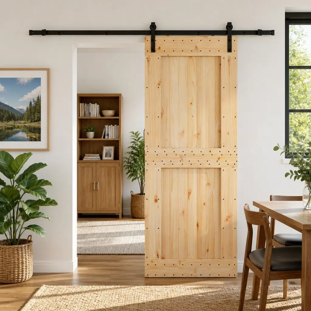 Sliding Door with Natural Pine Wood Frame and Black Steel Track 90x210cm Modern