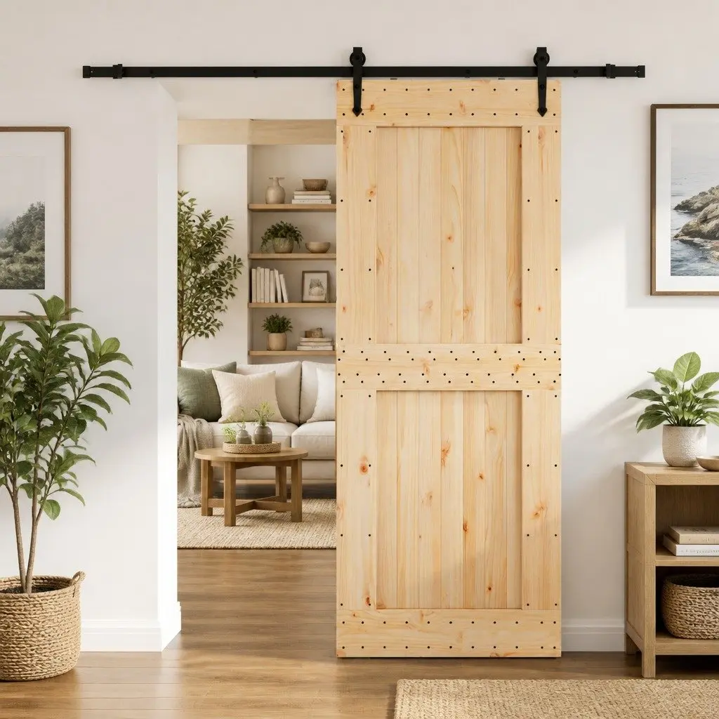 Sliding Door Modern Room Divider Pine Wood 90x210cm Black Track Space-Saving