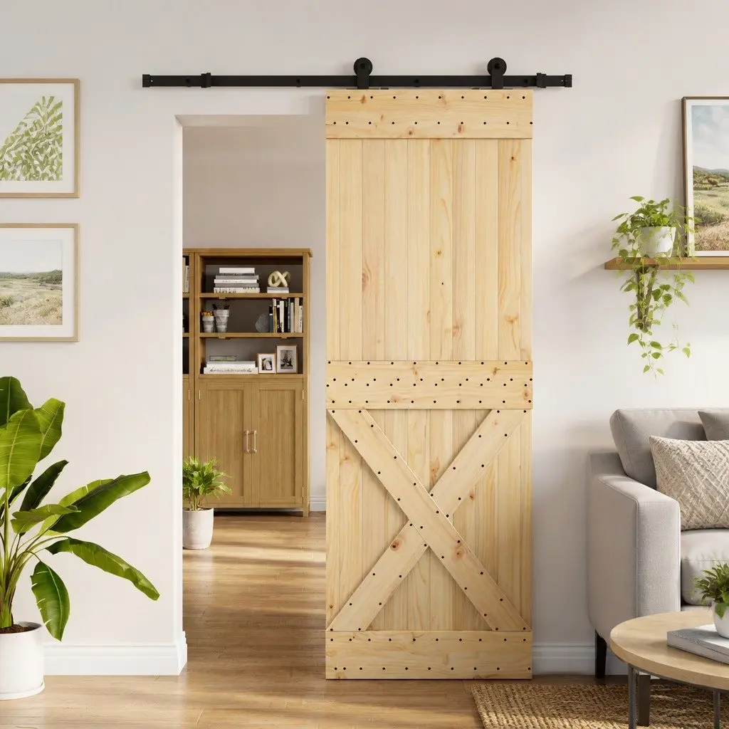 Sliding Door Natural Pine Wood Black Steel Frame 80 cm x 210 cm